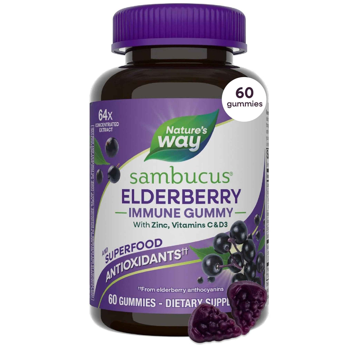 Nature's Way Sambucus Elderberry Gummies, Black Elderberry Extract - 60 Gummies
