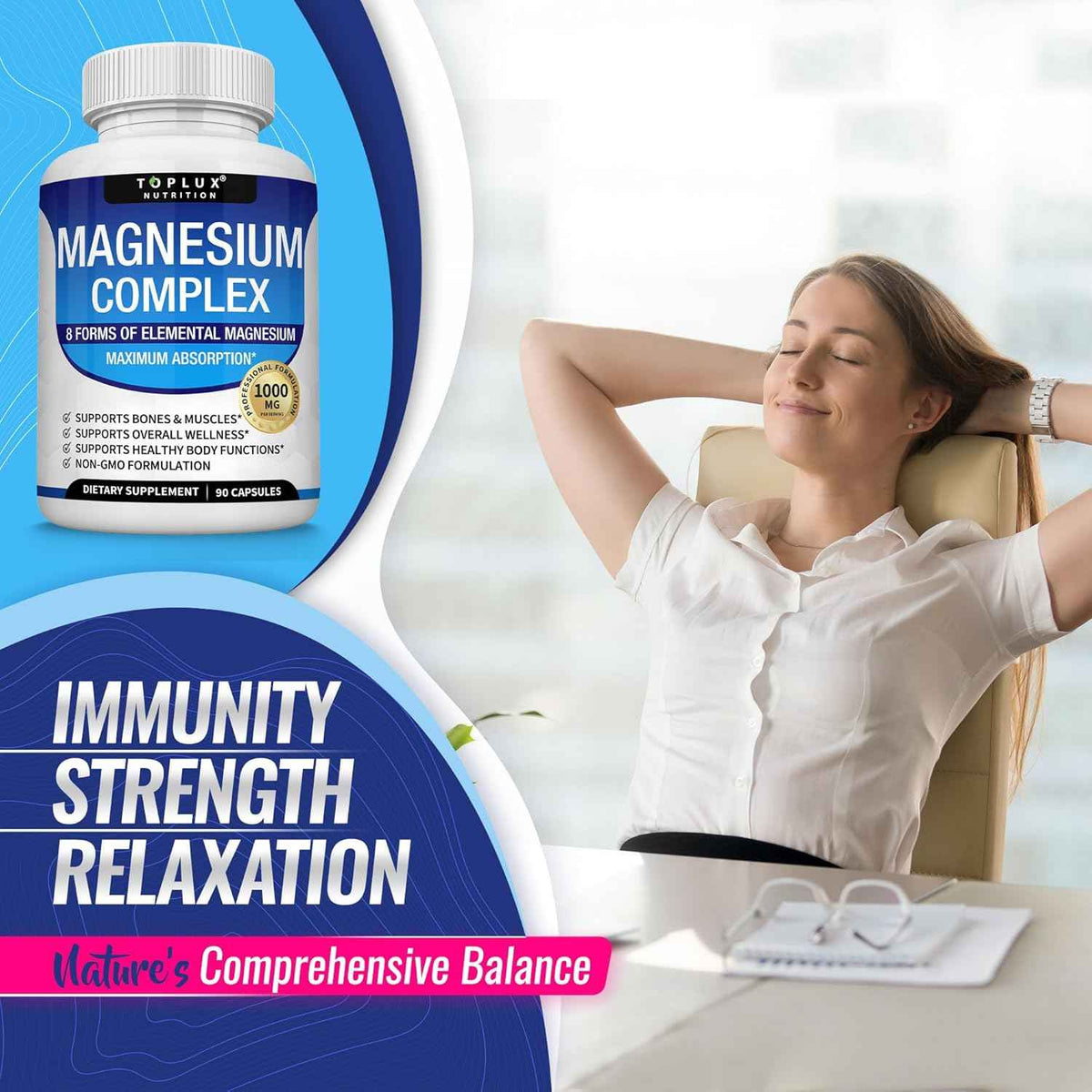 Toplux Magnesium Complex Supplement 1000mg 8 Elemental Forms 90 Capsules