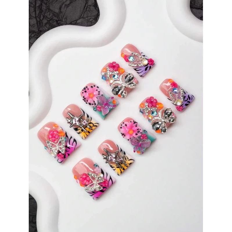 10pcs/Set Handmade Y2K Duckbill Nail Tips, Nude, Red, Yellow, Purple - VitaBuy