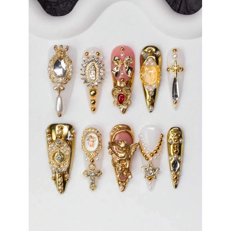 10pcs/Set Handmade Almond-shaped Y2K Baddie Style Press-on Nails, Nude, White - VitaBuy