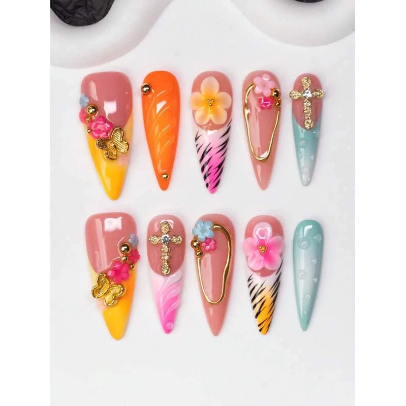 10pcs/Set Handmade Almond-shaped Y2K Baddie Style Press-on Nails, Nude, Pink - VitaBuy