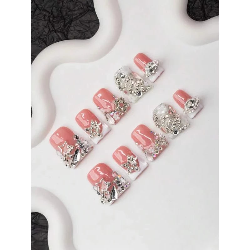10Pcs Handmade Duck Mouth Y2K Press-on Nails With French Tips, Rhinestones - VitaBuy
