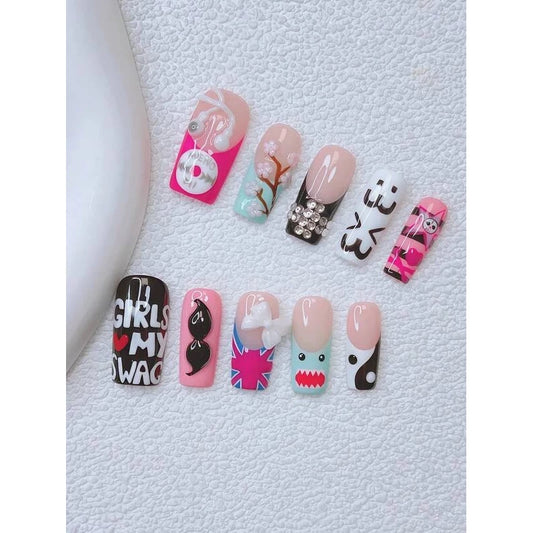 10pcs Y2K Nails Pipe-shaped Press On Nails Set - Handcrafted, Pink Nails - VitaBuy