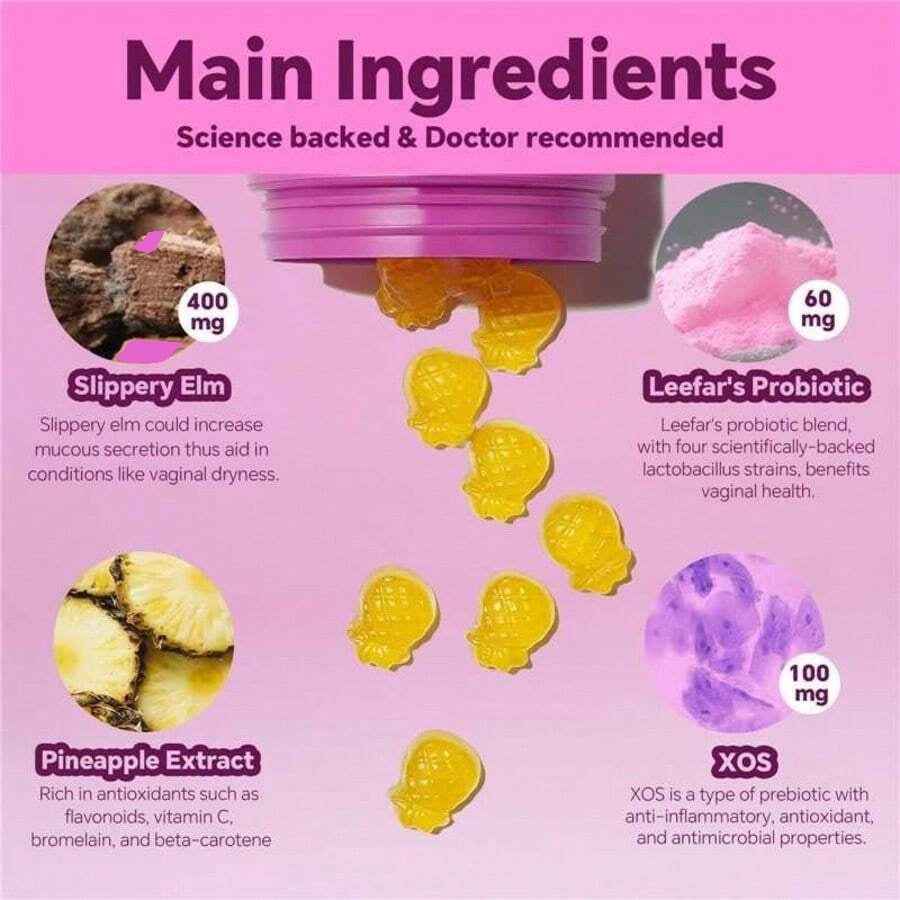 LEEFAR Probiotic Gummies with Slippery Elm 60 Count Pineapple
