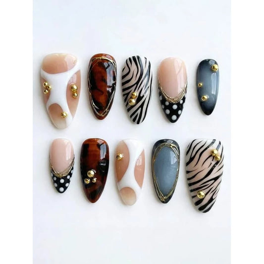 10 Pcs Handmade Medium Almond Press On Nails, Safari Zebra Tortoise Shell & - VitaBuy