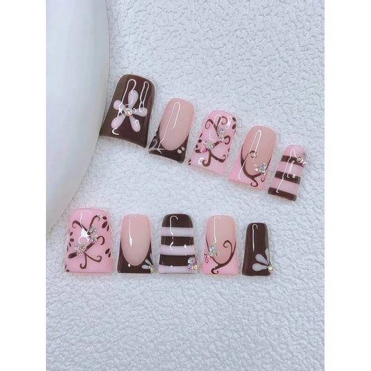 10pcs Y2K Nails Chic Duckbill Press On Nails Set - Handcrafted, Pink Nails - VitaBuy