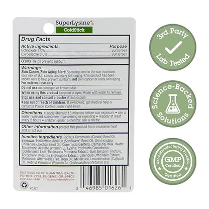 Quantum Health SuperLysine+ Coldstick Lip Sunscreen - Lysine Herbs &amp; Nutrients Soothe &amp; Moisturize Lips - Softens &amp; Protects from the Sun - SPF 21 - Clear - 0.17 Ounce