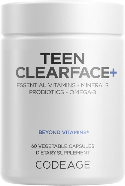 Codeage Teen Clearface Skin Support Supplement with Vitamins & Probiotics, 60 Capsules