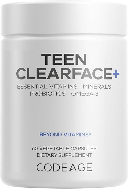 Codeage Teen Clearface Skin Support Supplement with Vitamins & Probiotics, 60 Capsules