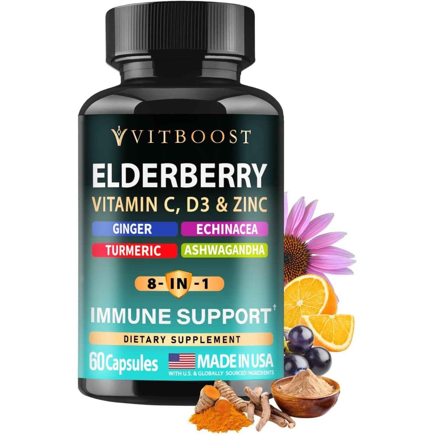 Elderberry Immune Support 8-in-1 Formula with Echinacea, Vitamin C & - 60 Capsules