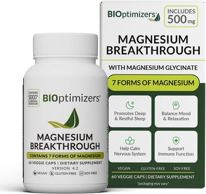 BIOptimizers Magnesium Breakthrough Supplement 500mg 7 Forms of Magnesium Glycinate, Malate, Citrate, and More - Natural Support for Sleep and Cognitive Function 60 Capsules
