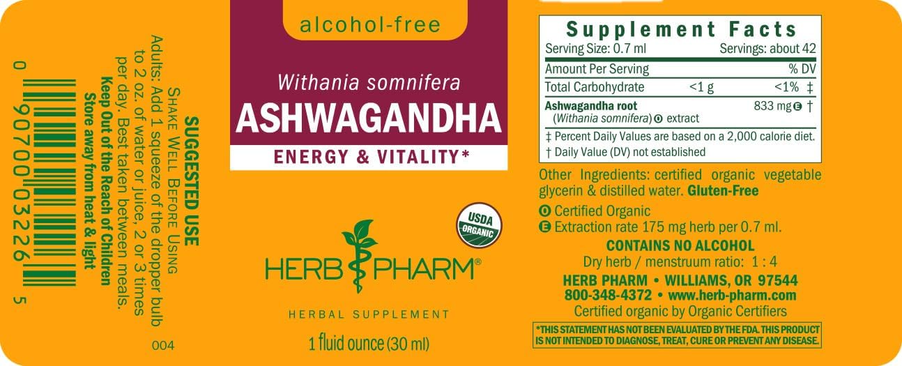 Herb Pharm Organic Ashwagandha Liquid Extract Alcohol-Free Adaptogen