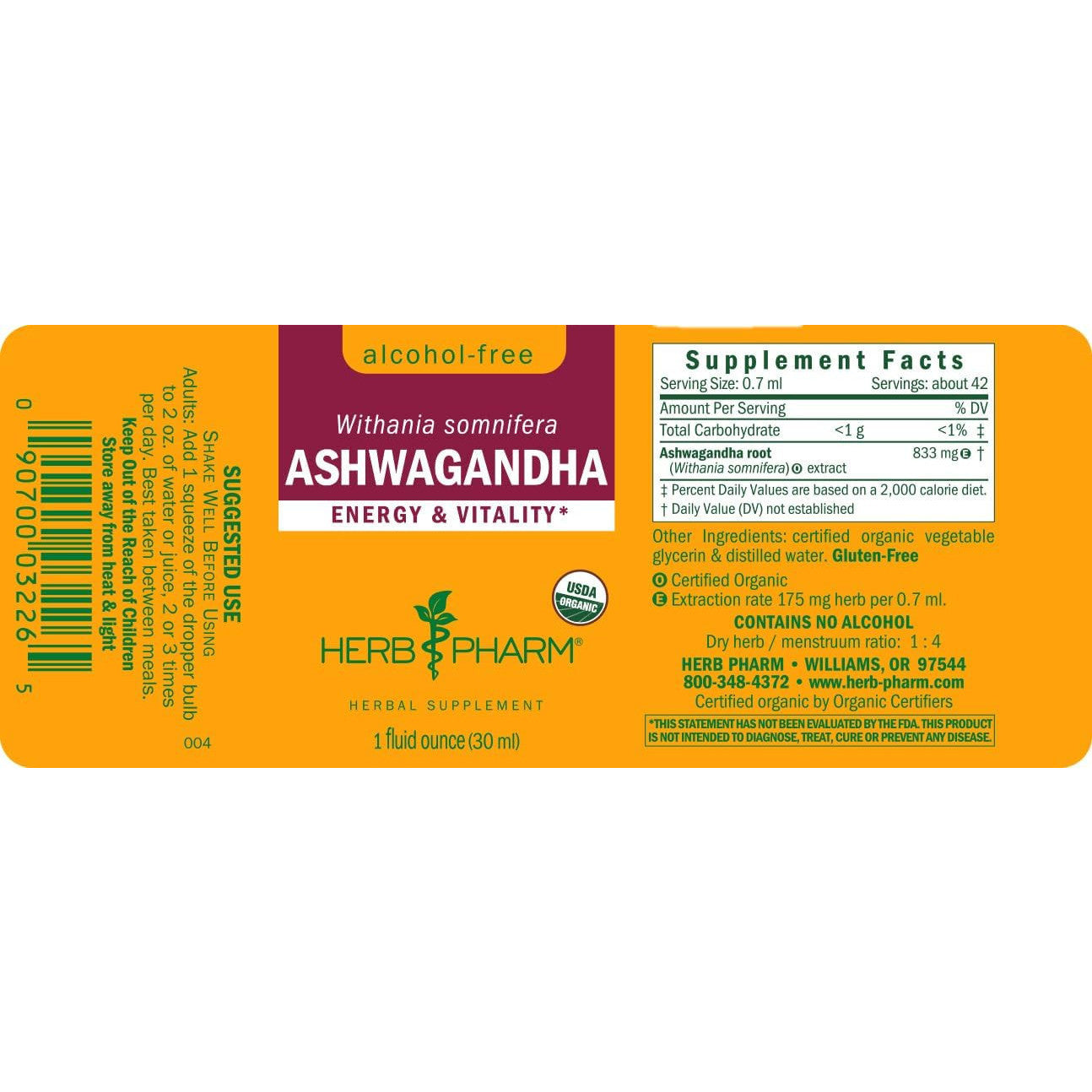 Herb Pharm Organic Ashwagandha Liquid Extract Alcohol-Free Adaptogen