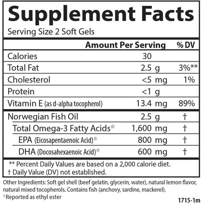 Carlson Elite Omega-3 Gems Fish Oil Supplement 1600mg Lemon