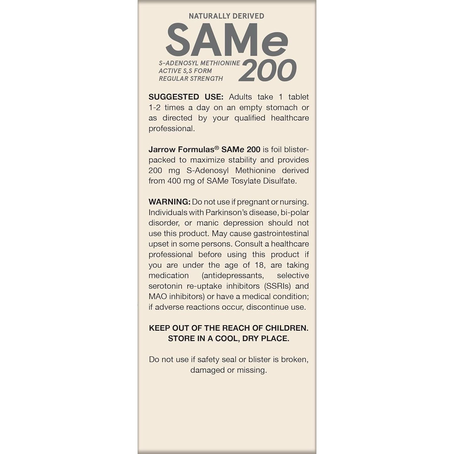 Jarrow Formulas SAMe 200 mg Dietary Supplement 60 Tablets