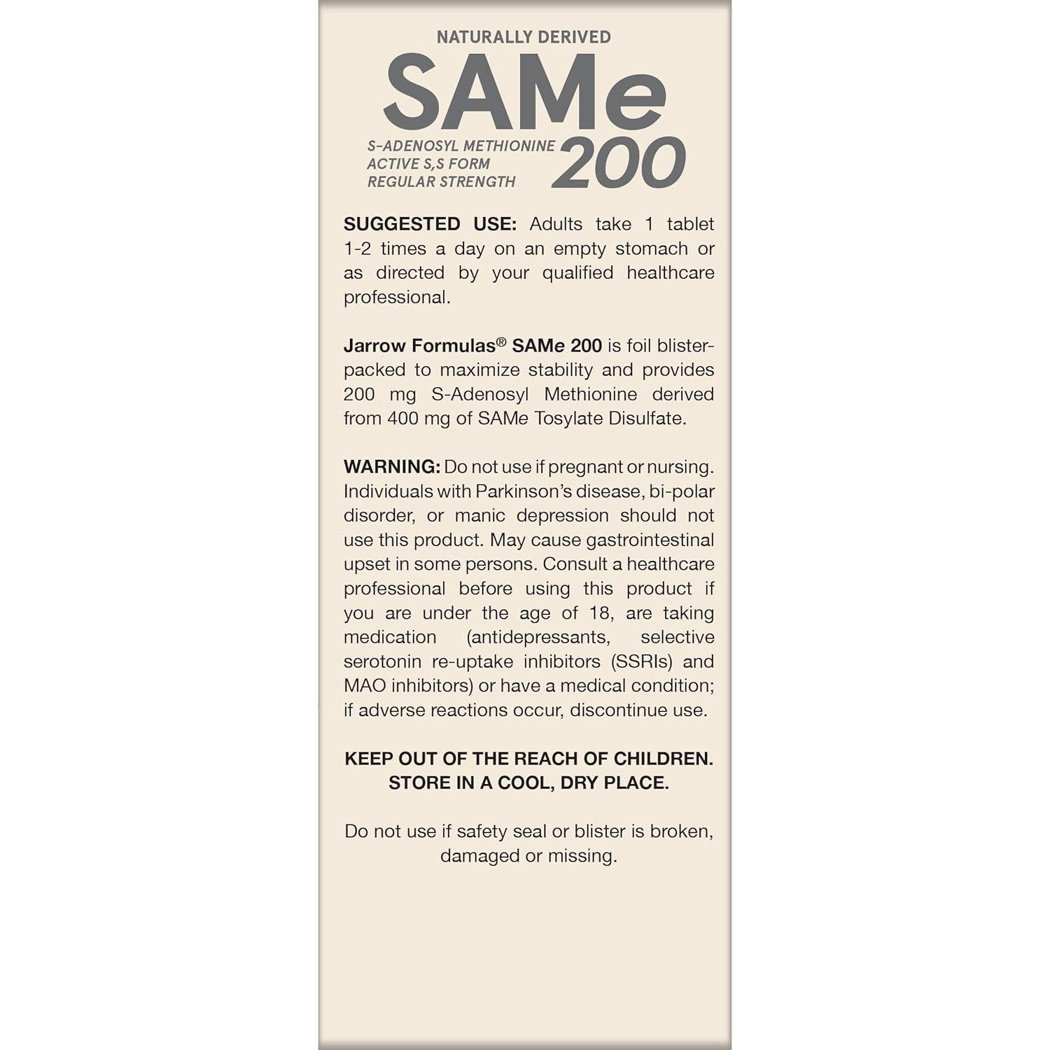 Jarrow Formulas SAMe 200 mg Dietary Supplement 60 Tablets