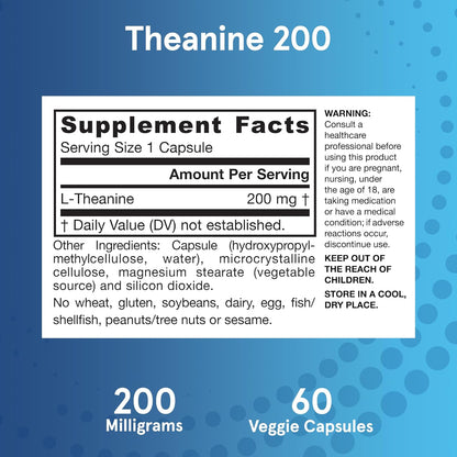 Jarrow Formulas Extra Strength L-Theanine 200mg Relaxation Supplement 60 Capsules