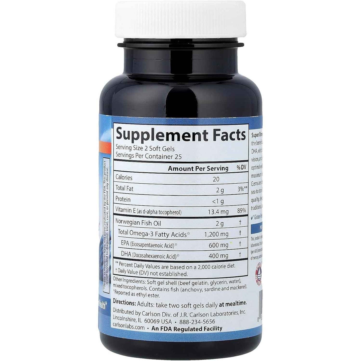 Carlson Super Omega-3 Gems Wild Caught Fish Oil 1200mg 50 Count