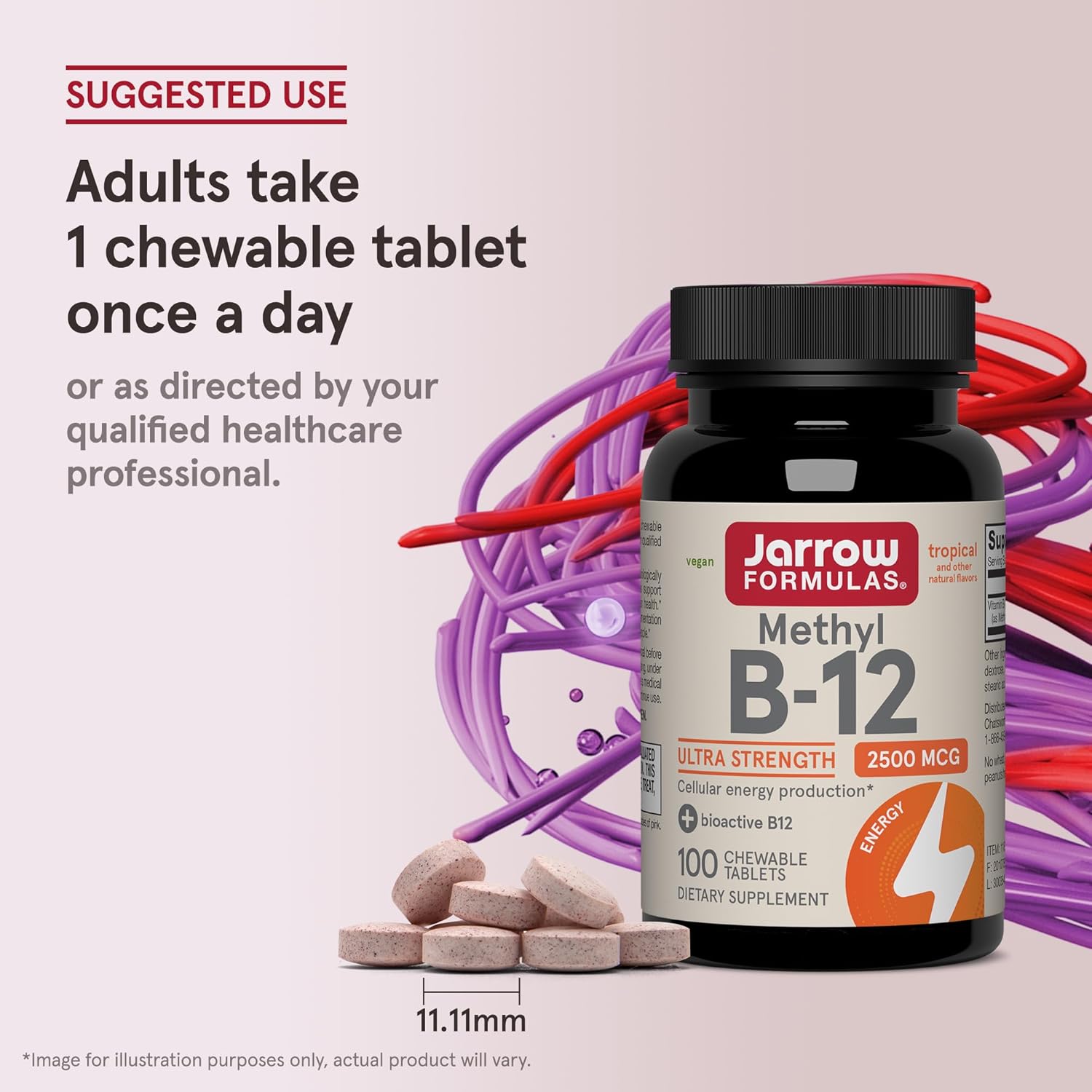 Jarrow Formulas Methyl Vitamin B12 2500 mcg 100 Chewable Tablets Tropical
