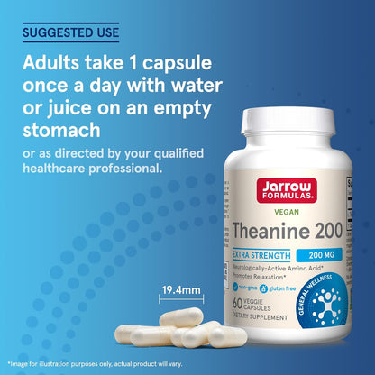 Jarrow Formulas Extra Strength L-Theanine 200mg Relaxation Supplement 60 Capsules