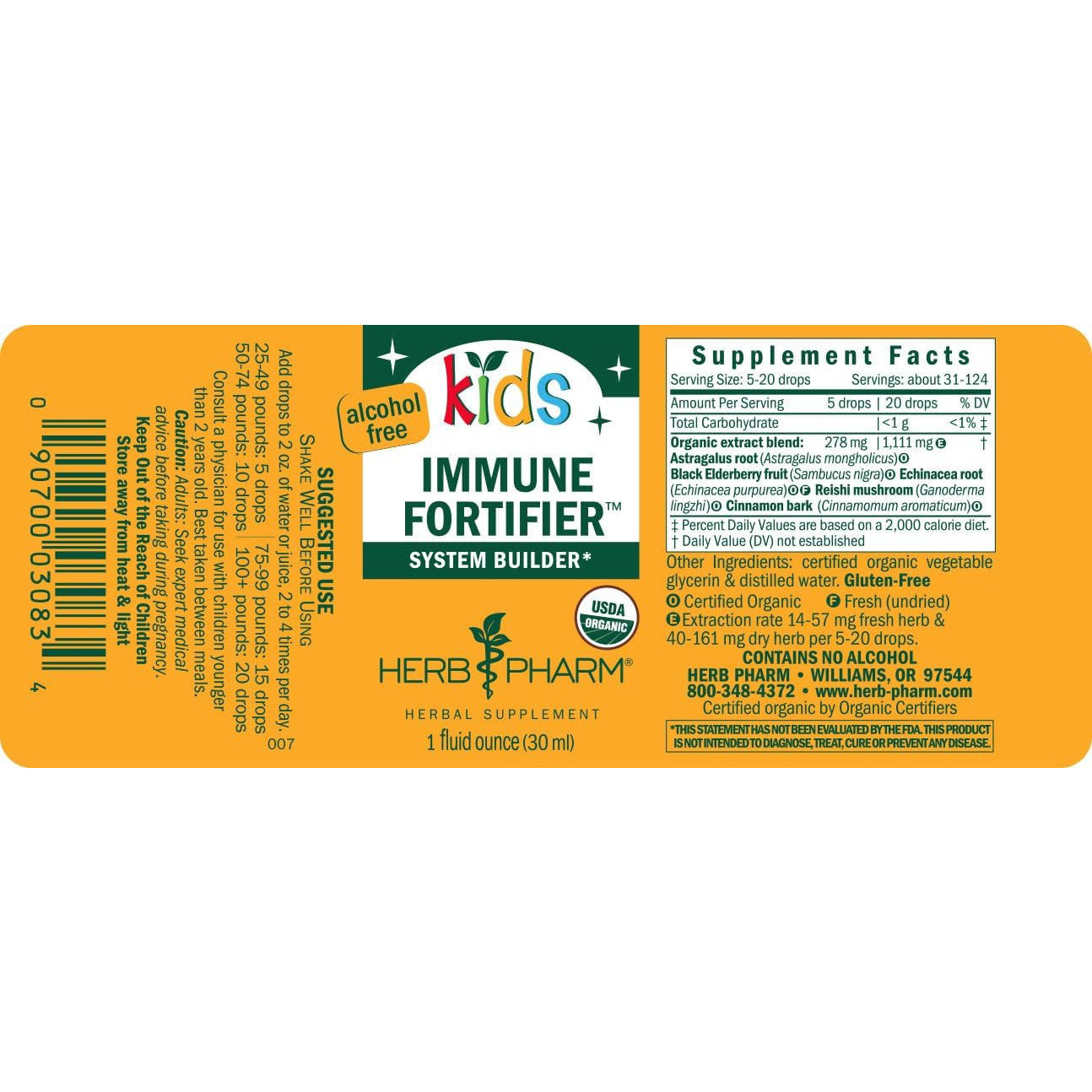 Herb Pharm Kids Immune Fortifier Organic Immunity Supplement with Elderberry & Echinacea 1 oz