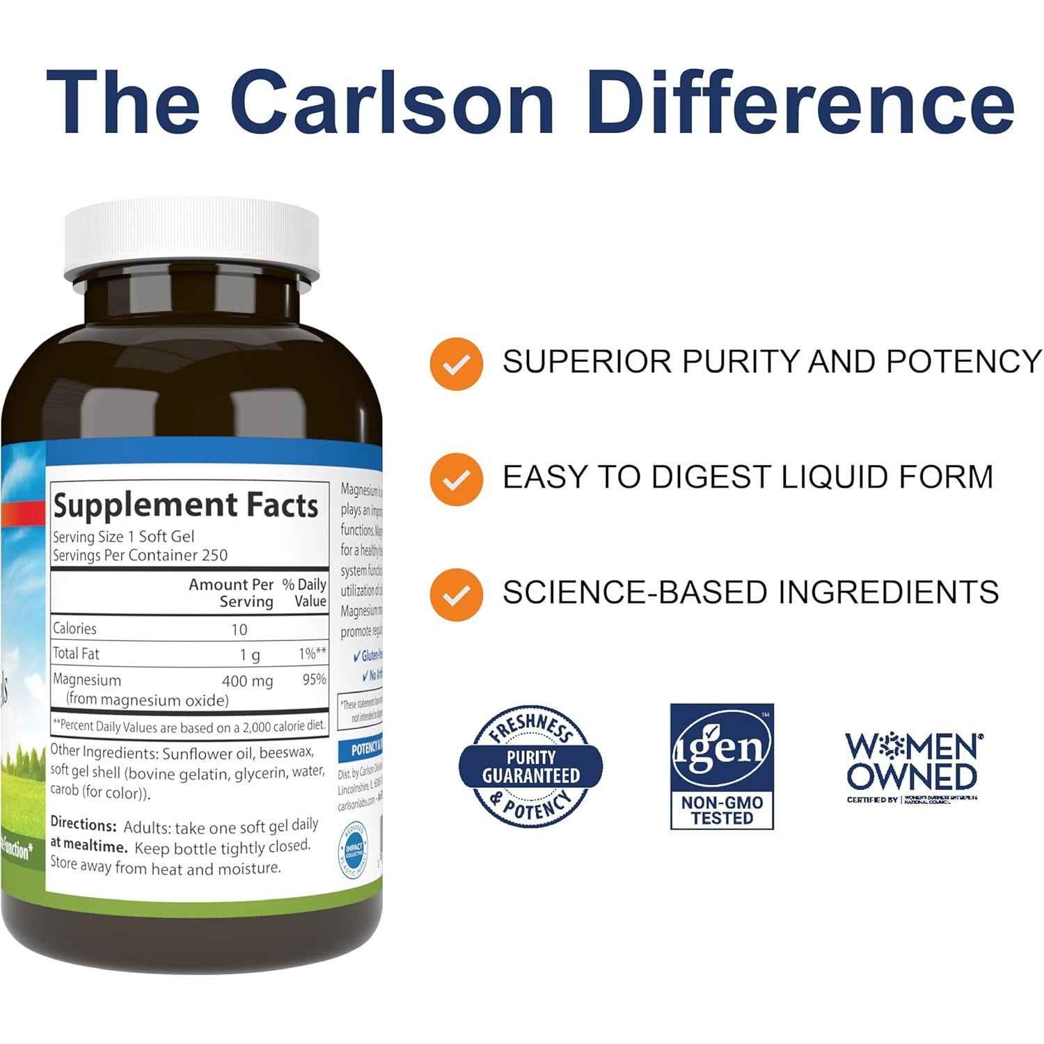 Carlson Magnesium Gels 400 mg 250 Softgels Heart Muscle Support