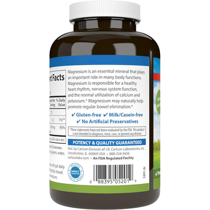 Carlson Magnesium Gels 400 mg 250 Softgels Heart Muscle Support