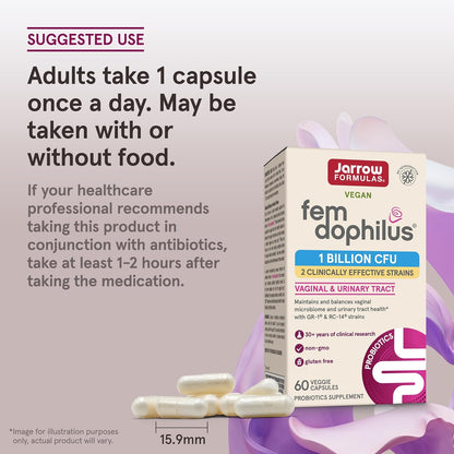 Jarrow Formulas Fem-Dophilus Vaginal Probiotics 1 Billion CFU, 60 Count (Pack of 1)