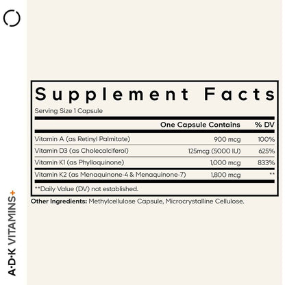 Codeage ADK Vitamin Supplement A D3 K1 K2 180 Capsules