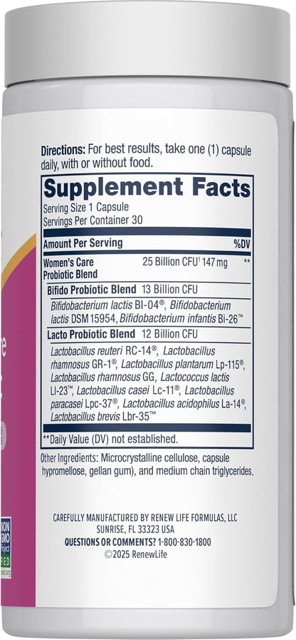 Renew Life Probiotics for Women, 25 Billion CFU Guaranteed, Probiotic Supplement for Digestive, Vaginal & Immune Health, Shelf Stable, Soy, Dairy & Gluten Free, 30 Capsules
