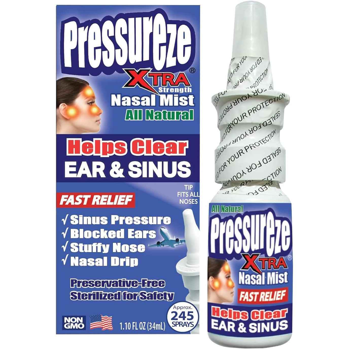 Pressureze Xtra Natural Preservative Free Nasal Spray for Severe Sinus Congestion