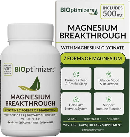 BIOptimizers Magnesium Breakthrough Supplement 500mg 7 Forms of Magnesium Glycinate, Malate, Citrate, and More - Natural Support for Sleep and Cognitive Function 60 Capsules