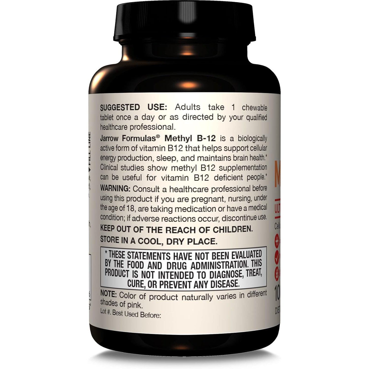 Jarrow Formulas Methyl Vitamin B12 2500 mcg 100 Chewable Tablets Tropical