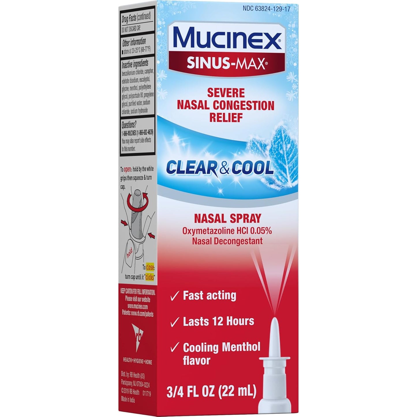 Mucinex Sinus-Max Nasal Spray Decongestant 12-Hour Clear & Cool 0.75 fl oz