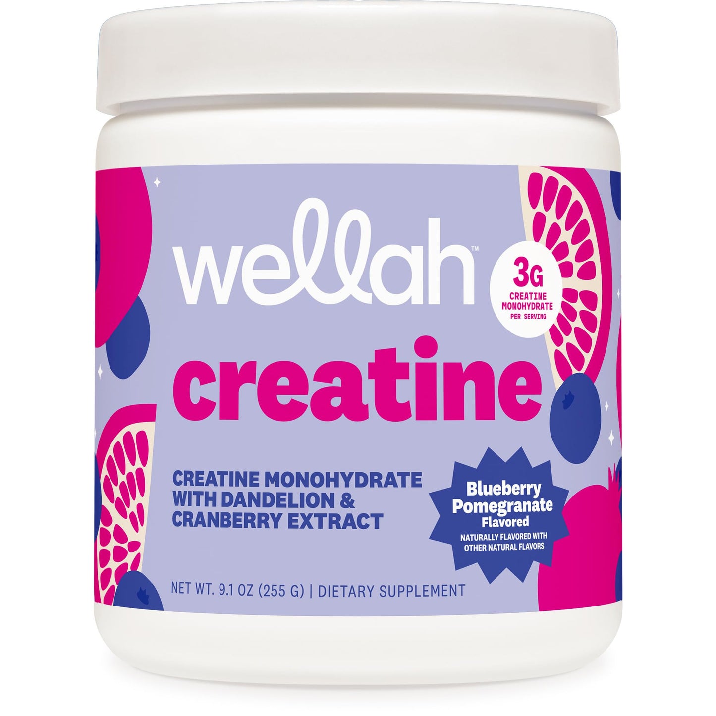 Wellah Creatine for Women - Creatine Monohydrate with Dandelion & Cranberry Extract (50 Servings, Blueberry Pomegranate)