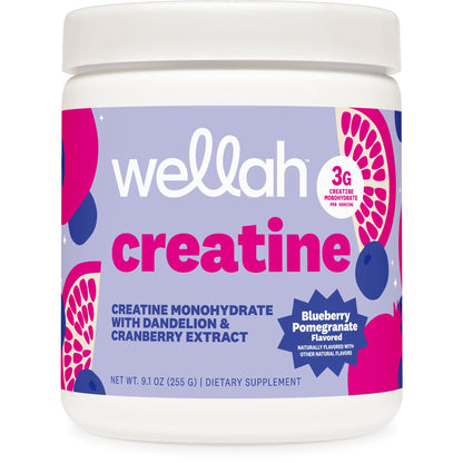 Wellah Creatine for Women - Creatine Monohydrate with Dandelion & Cranberry Extract (50 Servings, Blueberry Pomegranate)
