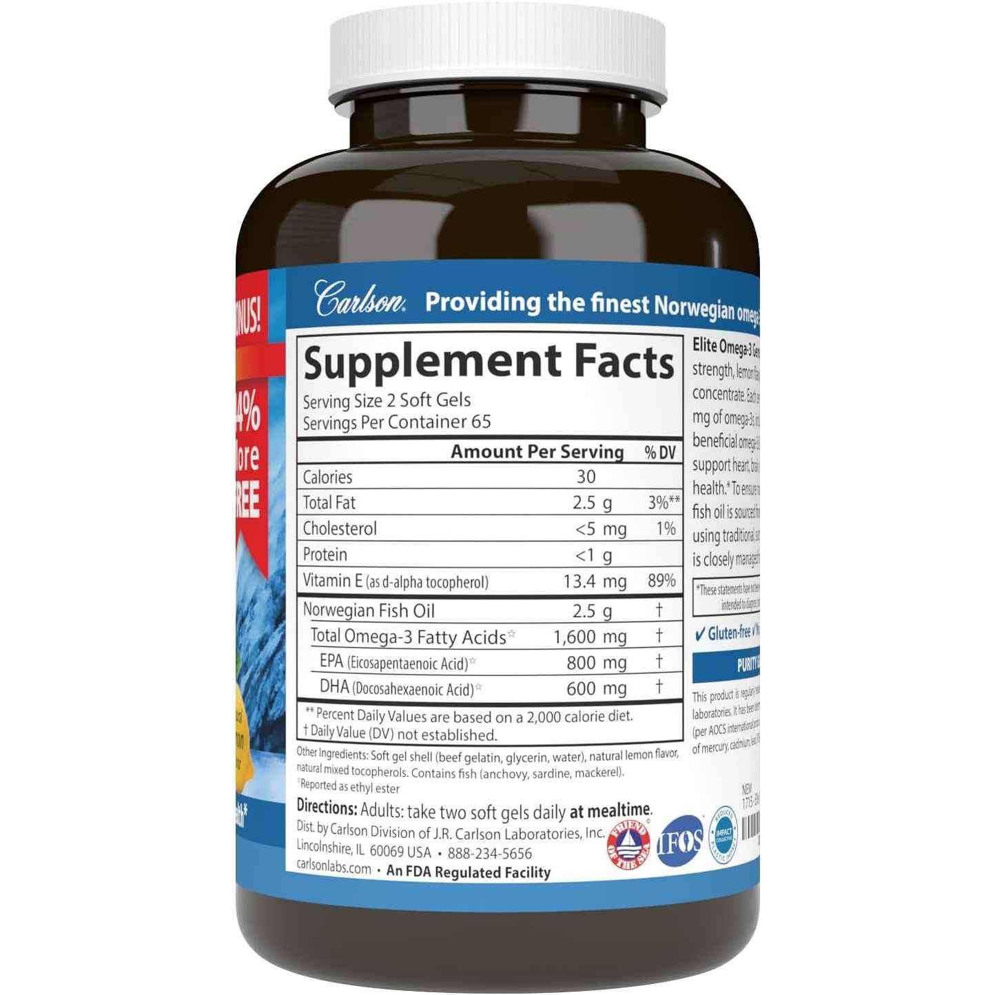 Carlson Elite Omega-3 Gems Fish Oil Supplement 1600mg Lemon