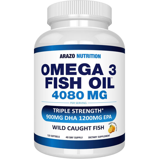 Arazo Nutrition Wild Caught Omega 3 Fish Oil Concentrate – 4,080mg per Serving – High EPA 1200mg & DHA 900mg – 120 Burpless Lemon Softgels
