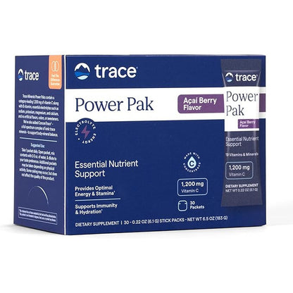Trace Minerals Power Pak Electrolyte Powder Packets 1200mg Vitamin C Acai Berry 30 Count