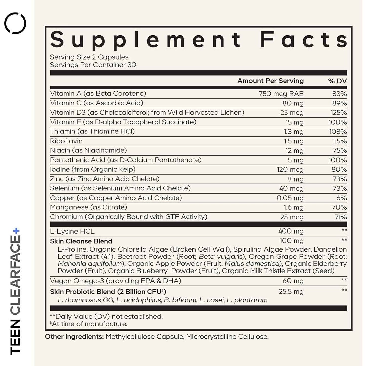 Codeage Teen Clearface Skin Support Supplement with Vitamins & Probiotics, 60 Capsules