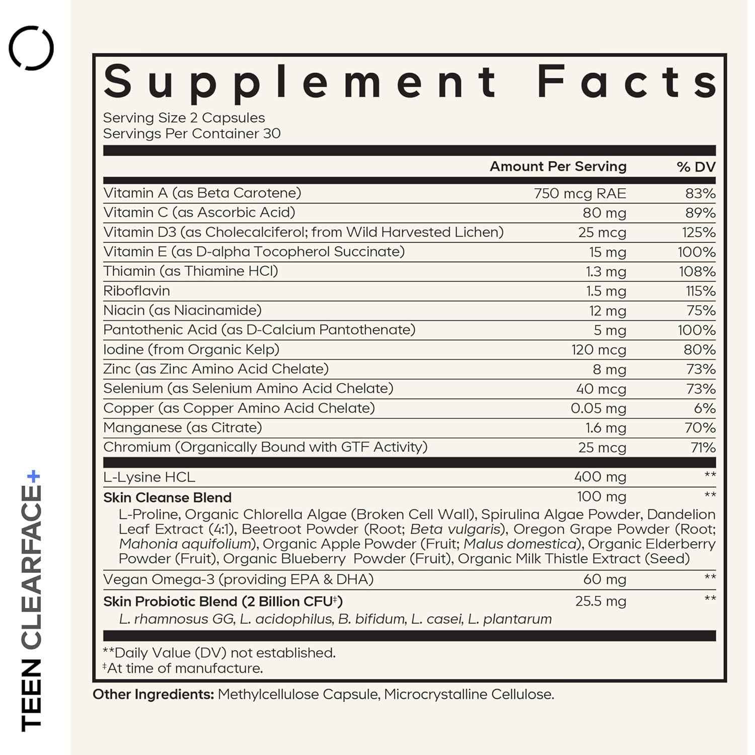 Codeage Teen Clearface Skin Support Supplement with Vitamins & Probiotics, 60 Capsules
