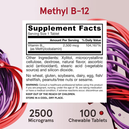 Jarrow Formulas Methyl Vitamin B12 2500 mcg 100 Chewable Tablets Tropical