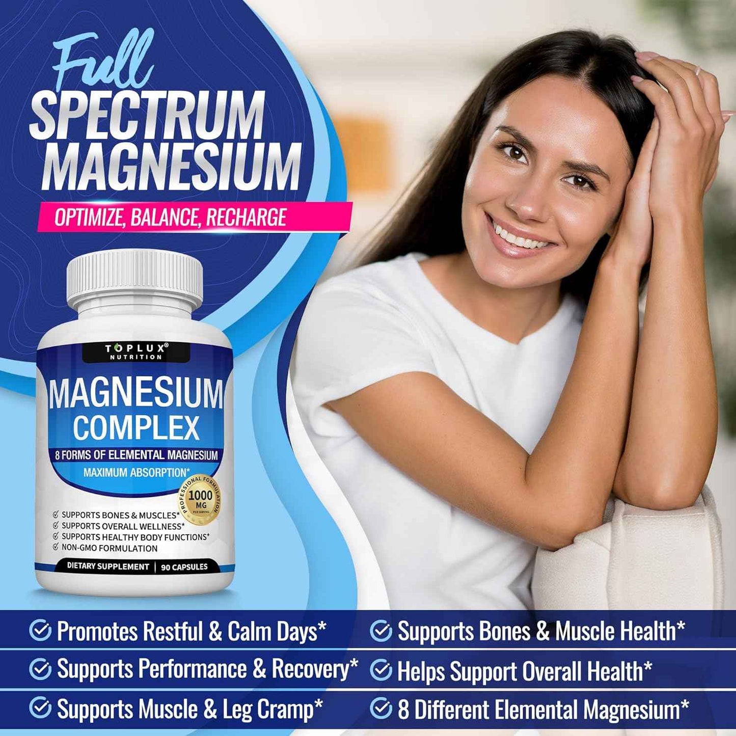 Toplux Magnesium Complex Supplement 1000mg 8 Elemental Forms 90 Capsules