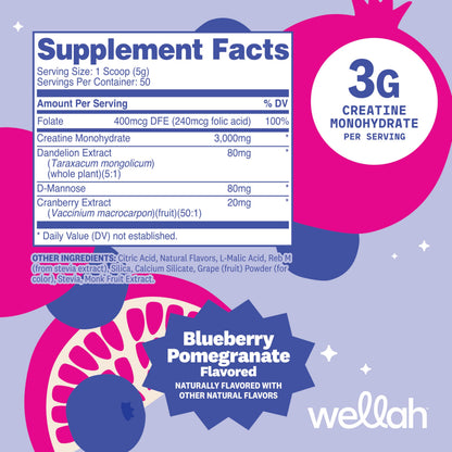 Wellah Creatine for Women - Creatine Monohydrate with Dandelion & Cranberry Extract (50 Servings, Blueberry Pomegranate)