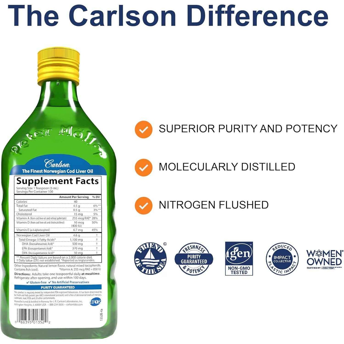 Carlson Cod Liver Oil 1100 Mg Omega-3 Fish Oil Supplement 16.9 Fl Oz Lemon
