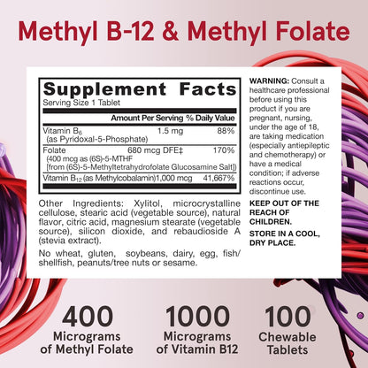 Jarrow Formulas Methyl B-12 & Methyl Folate 100 Chewable Tablets