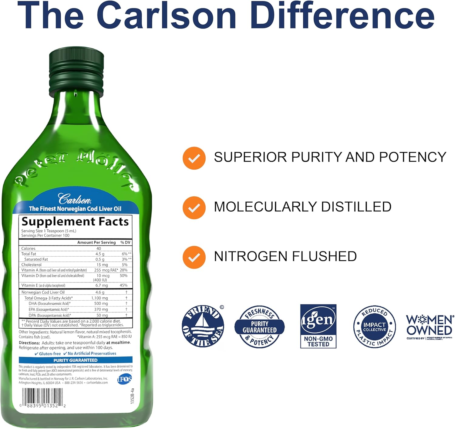Carlson - Cod Liver Oil, 1100 mg Omega-3s, Wild-Caught Norwegian Arctic Cod-Liver Oil, Sustainably Sourced Nordic Fish Oil Liquid, Unflavored, 500 ml (16.9 Fl Oz)
