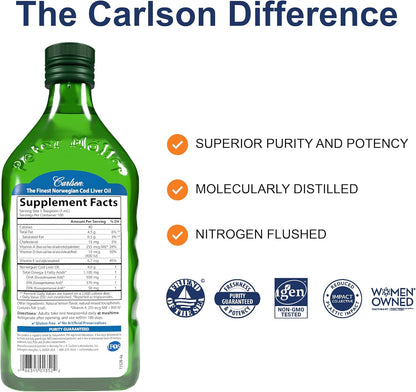 Carlson - Cod Liver Oil, 1100 mg Omega-3s, Wild-Caught Norwegian Arctic Cod-Liver Oil, Sustainably Sourced Nordic Fish Oil Liquid, Unflavored, 500 ml (16.9 Fl Oz)