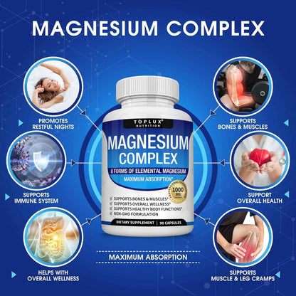 Toplux Magnesium Complex Supplement 1000mg 8 Elemental Forms 90 Capsules