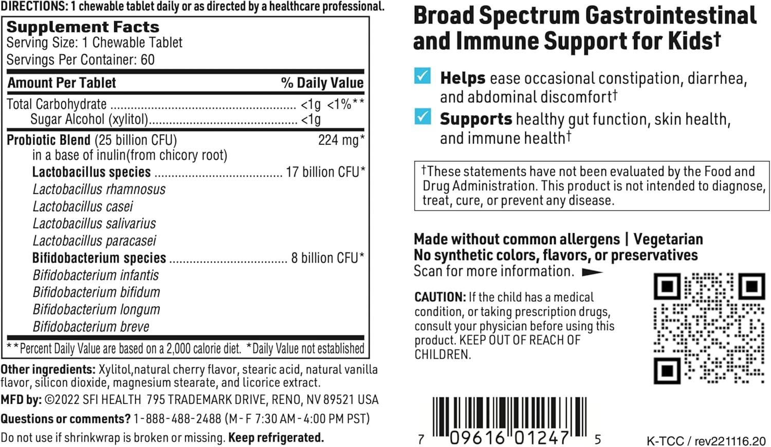 SFI Health Ther-Biotic Kids Chewable Probiotic 25 Billion CFU 60 Count